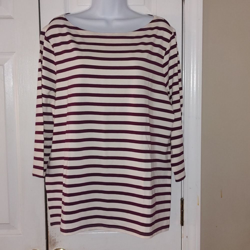 AnnTaylor Factory  white cranberry striped 3/4th length  shirt  Sz XL NWT